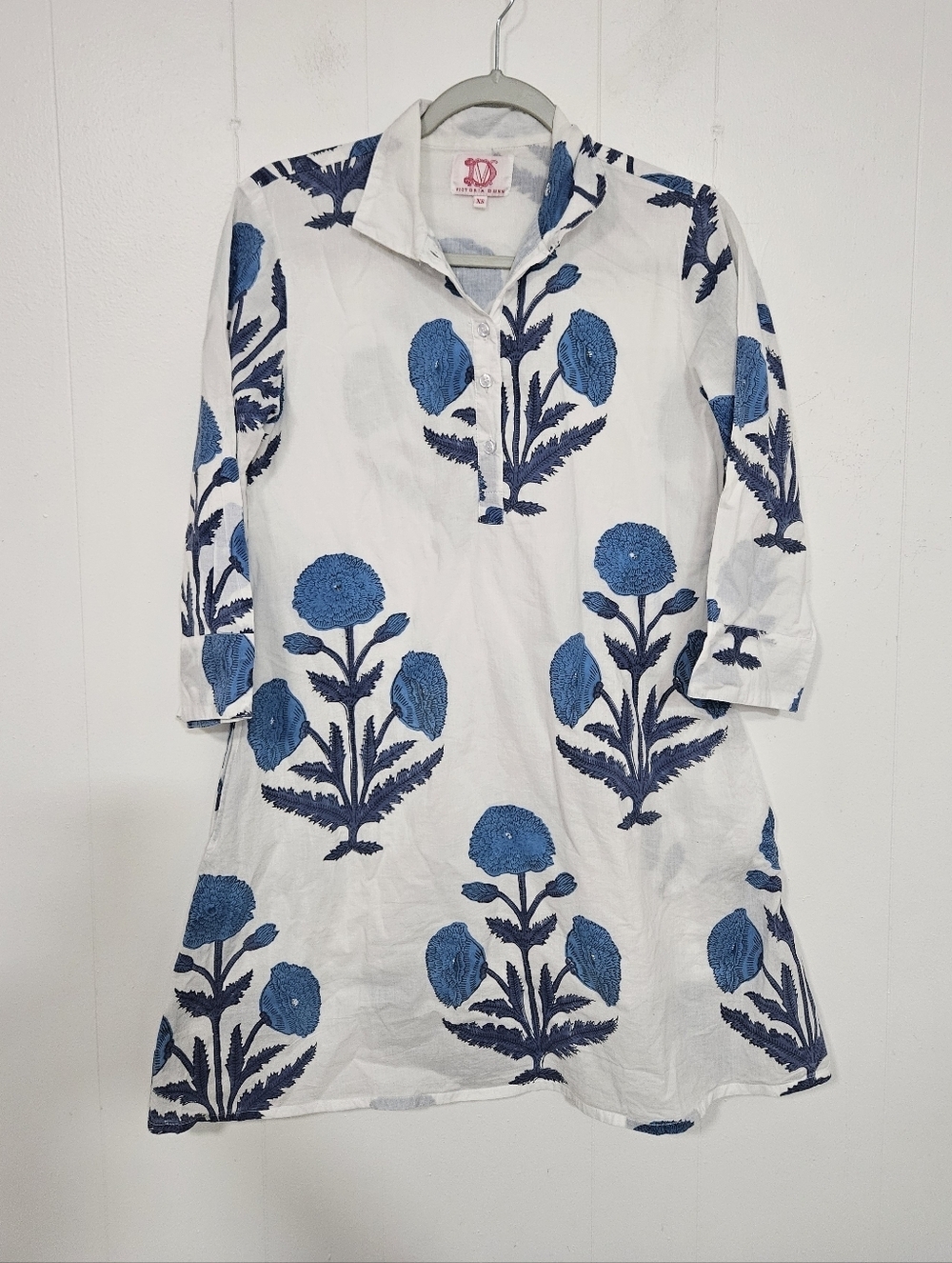 Victoria Dunn White Dress with Blue Floral Motif
